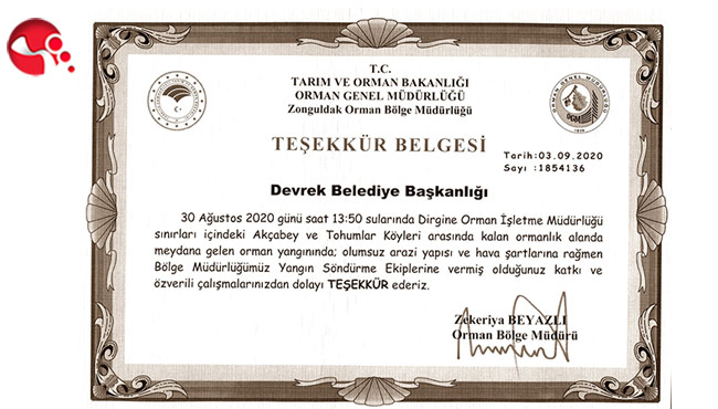 Devrek Belediyesi'ne teşekkür belgesi