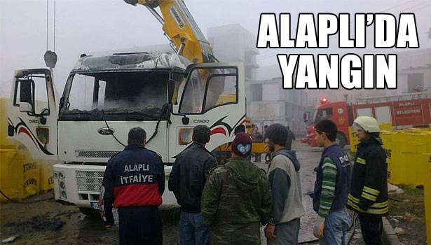 ALAPLI&8217;DA ÜZERİNDE VİNÇ KURULU KAMYON YANDI