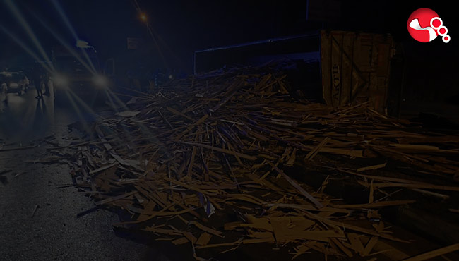 Odun yüklü Tır devrildi