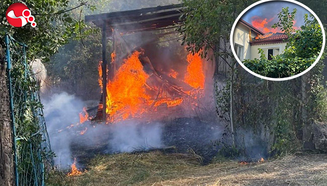 Evin önce bahçesinde, sonra çatısında çıkan yangın korkuttu