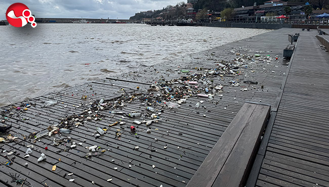 Dalgalarla sürüklenen plastik atıklar sahile vurdu