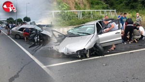 Bariyerlere çarpan otomobil parçalandı